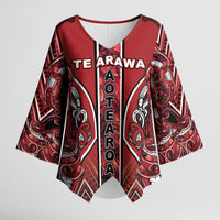 Aotearoa Te Arawa Kimono Sleeve Blouse Maori Tribal Dark Red Paua Shell Pattern