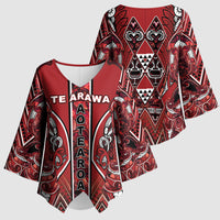 Aotearoa Te Arawa Kimono Sleeve Blouse Maori Tribal Dark Red Paua Shell Pattern