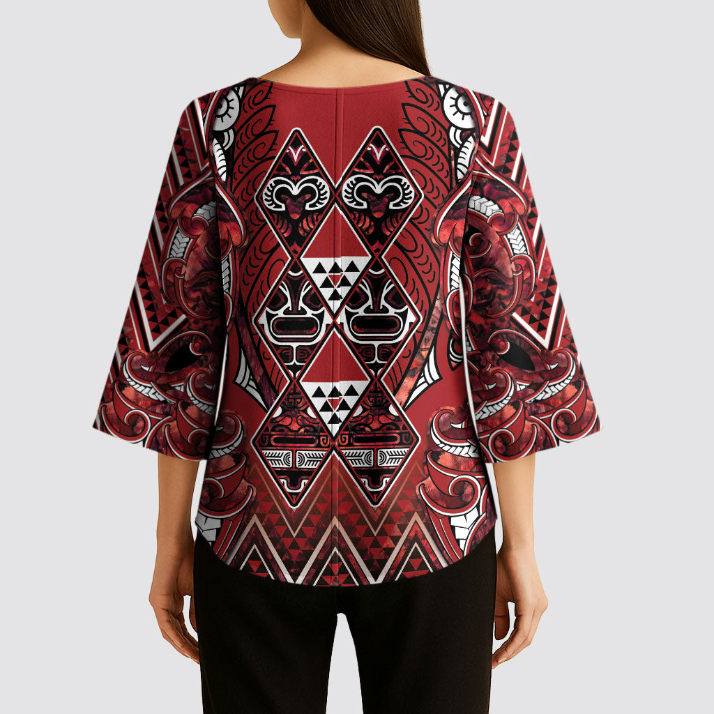 Aotearoa Te Arawa Kimono Sleeve Blouse Maori Tribal Dark Red Paua Shell Pattern