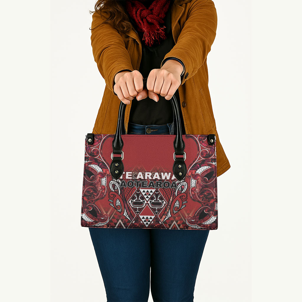 Aotearoa Te Arawa Leather Bag Maori Tribal Dark Red Paua Shell Pattern