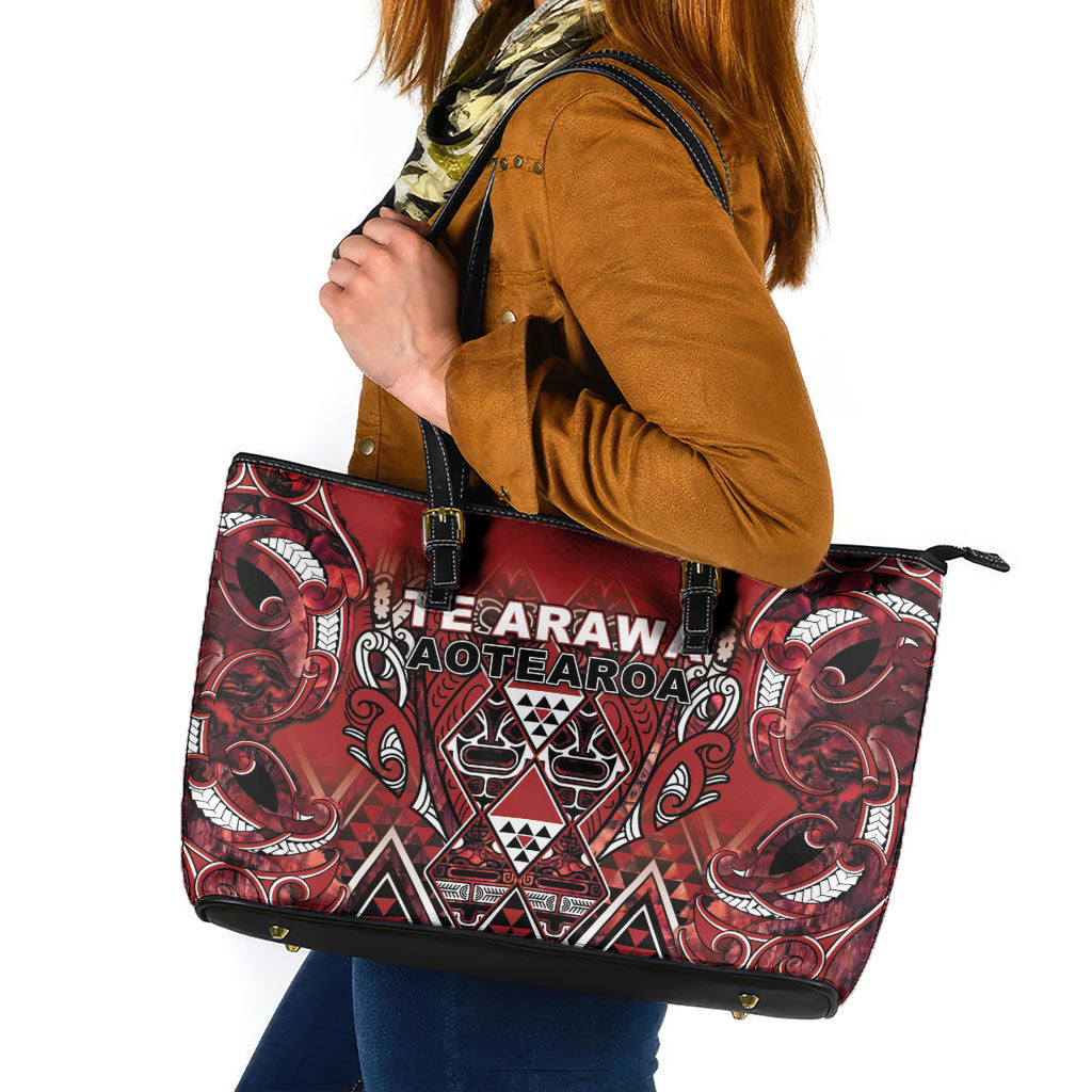 Aotearoa Te Arawa Leather Tote Bag Maori Tribal Dark Red Paua Shell Pattern