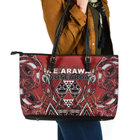 Aotearoa Te Arawa Leather Tote Bag Maori Tribal Dark Red Paua Shell Pattern