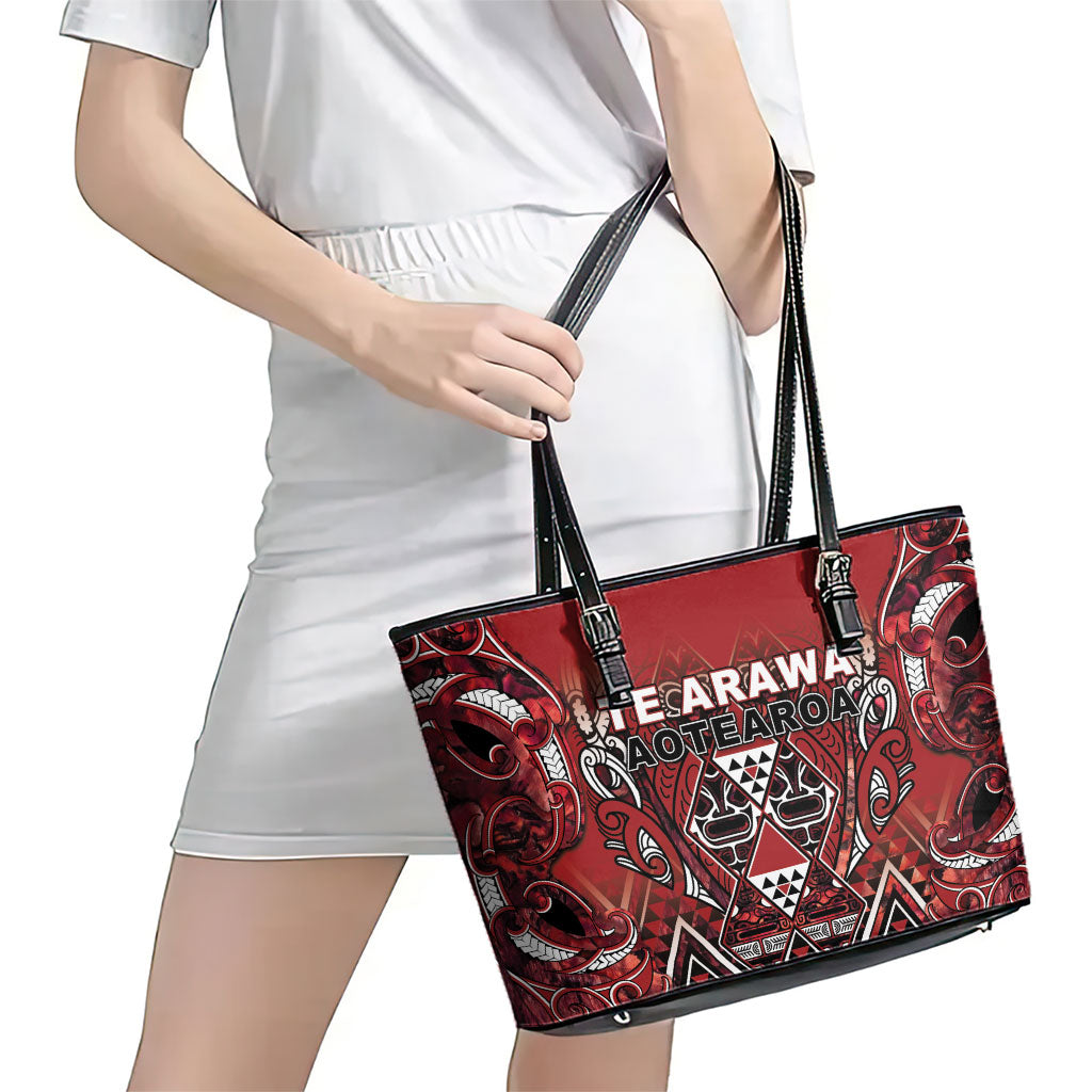 Aotearoa Te Arawa Leather Tote Bag Maori Tribal Dark Red Paua Shell Pattern