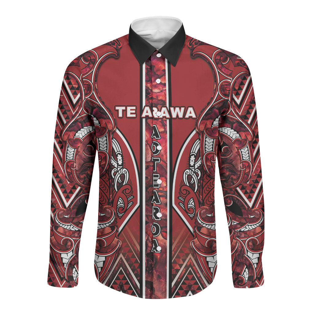 Aotearoa Te Arawa Long Sleeve Button Shirt Maori Tribal Dark Red Paua Shell Pattern