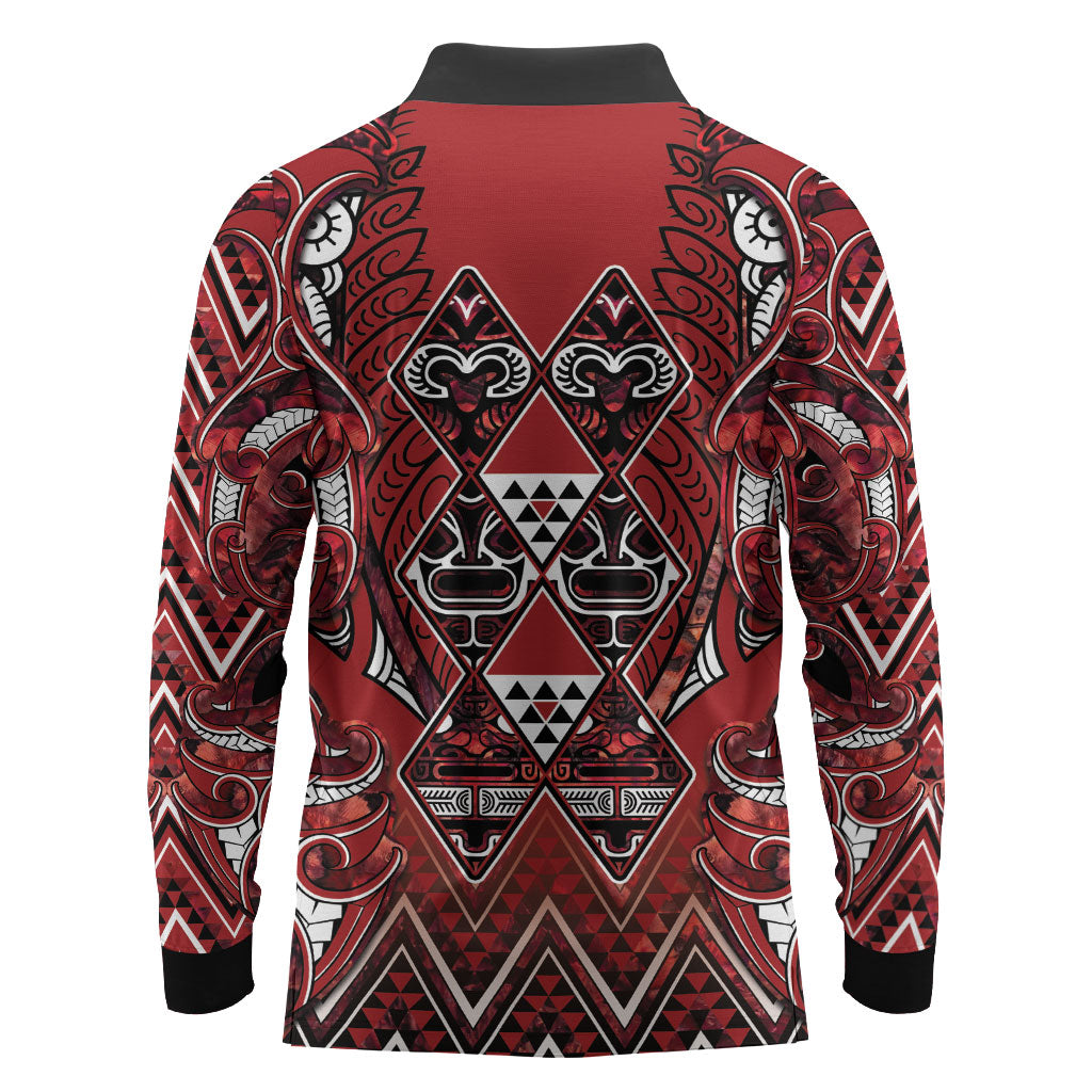 Aotearoa Te Arawa Long Sleeve Polo Shirt Maori Tribal Dark Red Paua Shell Pattern