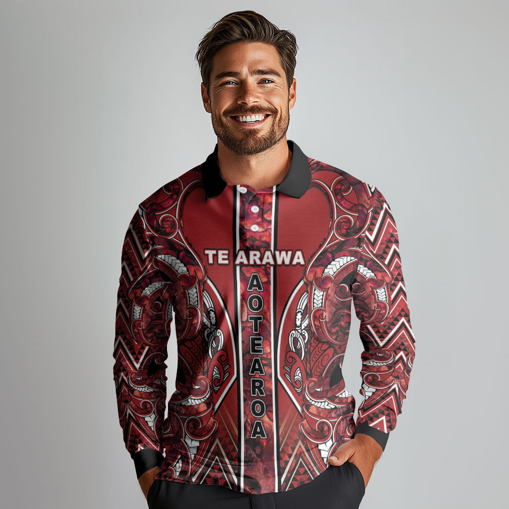 Aotearoa Te Arawa Long Sleeve Polo Shirt Maori Tribal Dark Red Paua Shell Pattern