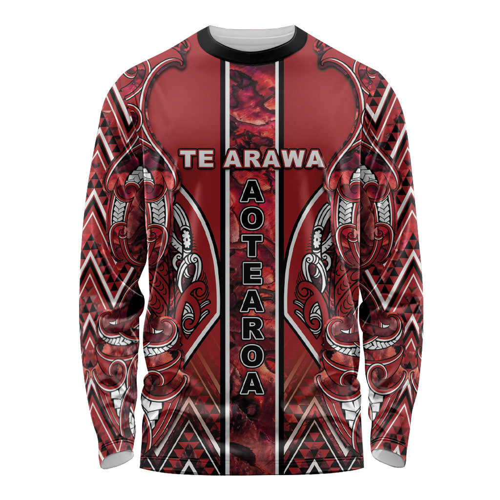 Aotearoa Te Arawa Long Sleeve Shirt Maori Tribal Dark Red Paua Shell Pattern