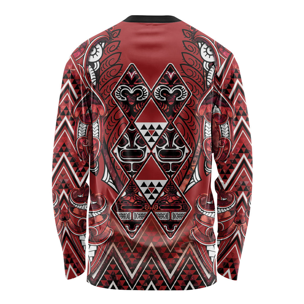 Aotearoa Te Arawa Long Sleeve Shirt Maori Tribal Dark Red Paua Shell Pattern