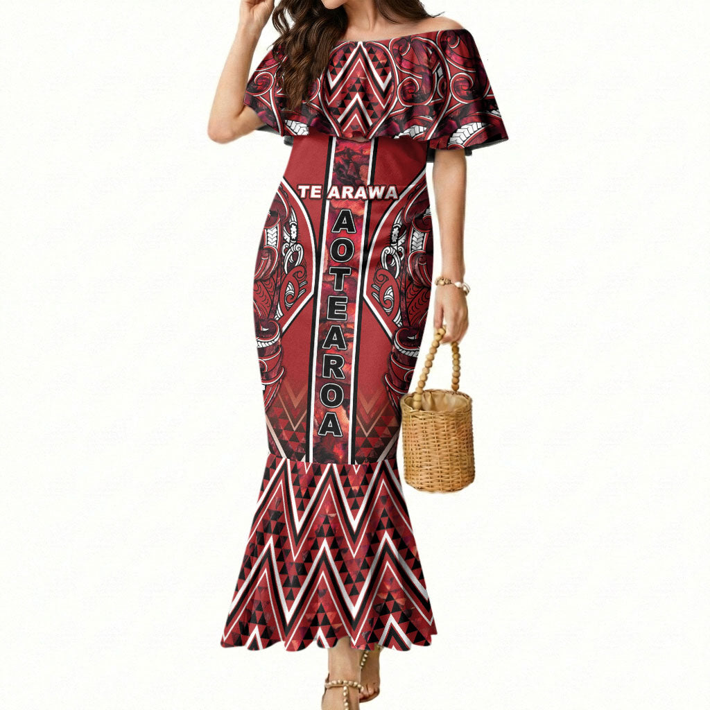 Aotearoa Te Arawa Mermaid Dress Maori Tribal Dark Red Paua Shell Pattern DT05 Women Red - Polynesian Pride