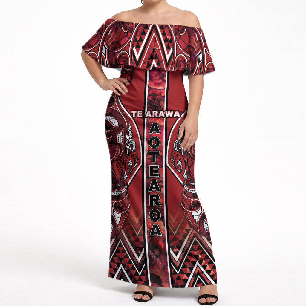 Aotearoa Te Arawa Off Shoulder Maxi Dress Maori Tribal Dark Red Paua Shell Pattern DT05 Women Red - Polynesian Pride