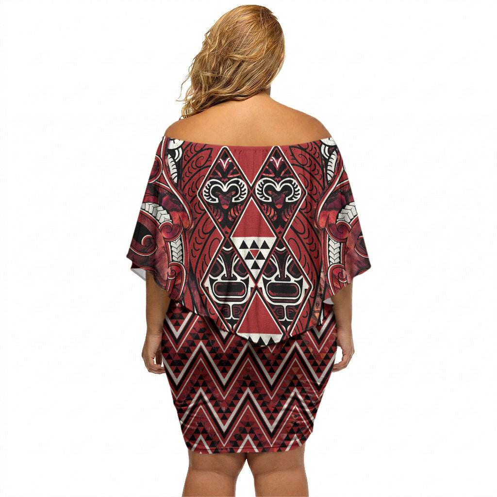 Aotearoa Te Arawa Off Shoulder Short Dress Maori Tribal Dark Red Paua Shell Pattern