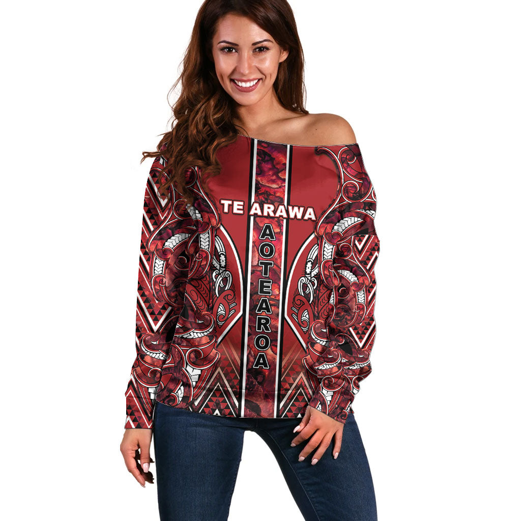 Aotearoa Te Arawa Off Shoulder Sweater Maori Tribal Dark Red Paua Shell Pattern