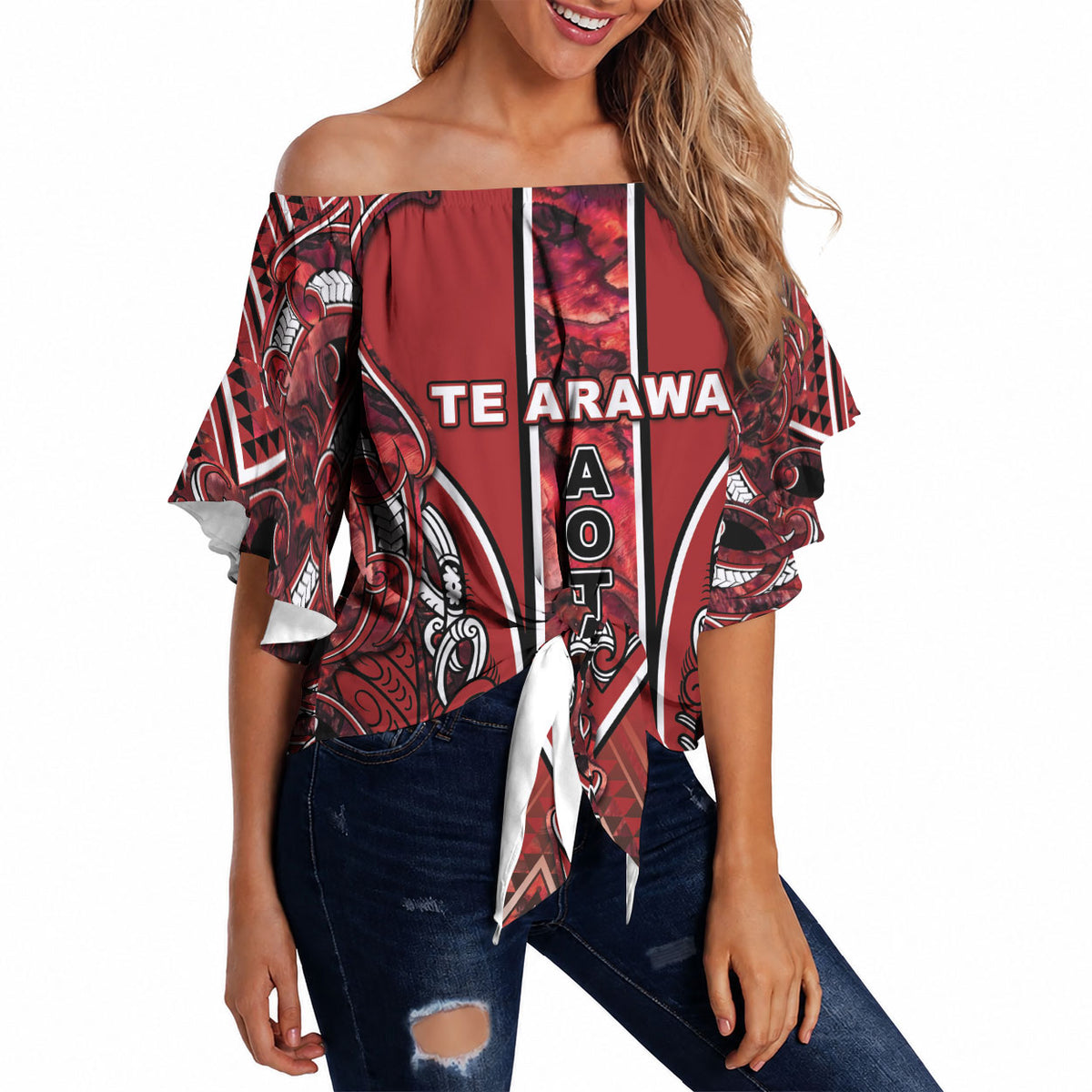 Aotearoa Te Arawa Off Shoulder Wrap Waist Top Maori Tribal Dark Red Paua Shell Pattern