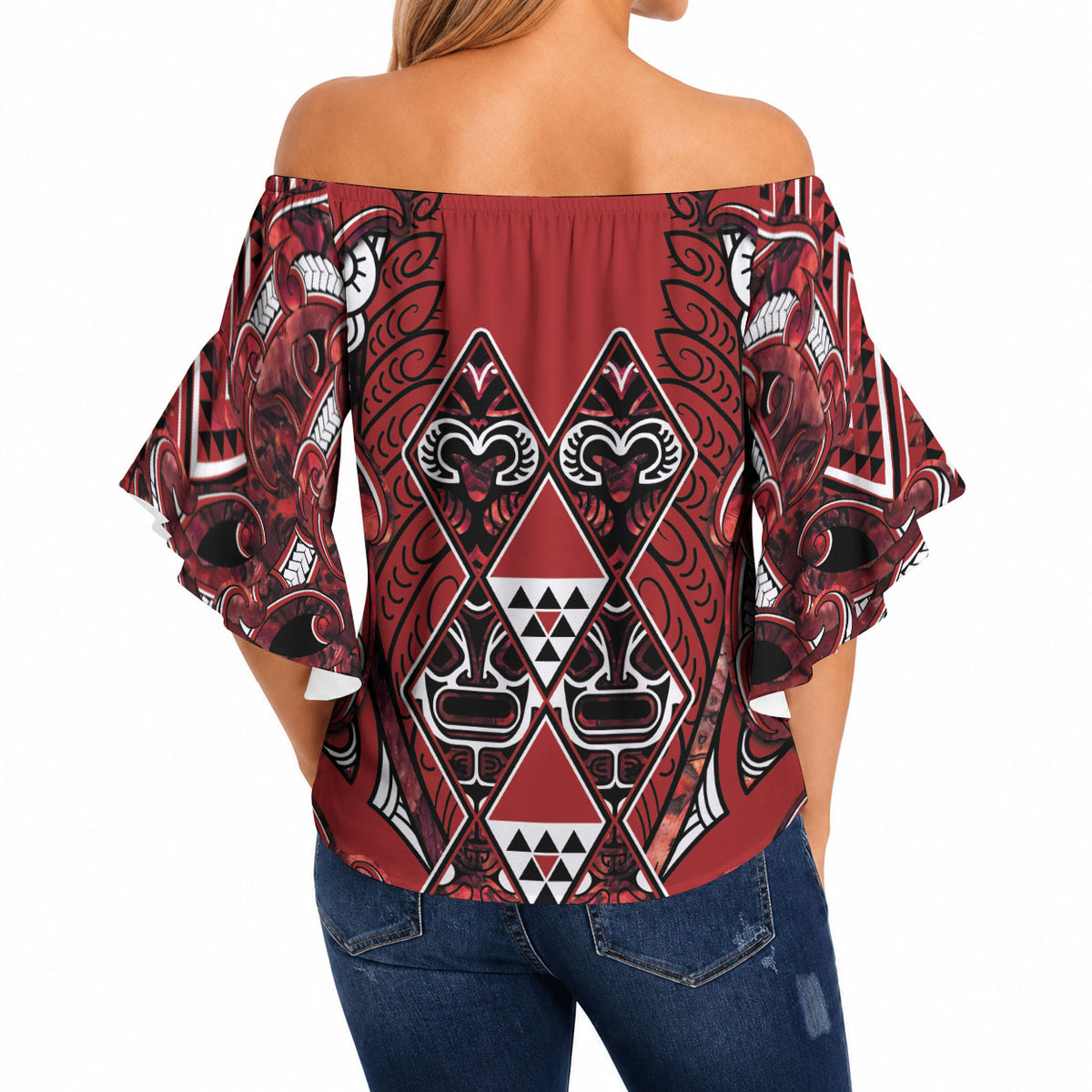 Aotearoa Te Arawa Off Shoulder Wrap Waist Top Maori Tribal Dark Red Paua Shell Pattern