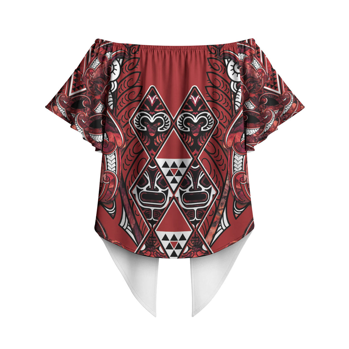 Aotearoa Te Arawa Off Shoulder Wrap Waist Top Maori Tribal Dark Red Paua Shell Pattern