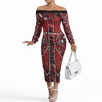 Aotearoa Te Arawa Off The Shoulder Long Sleeve Dress Maori Tribal Dark Red Paua Shell Pattern
