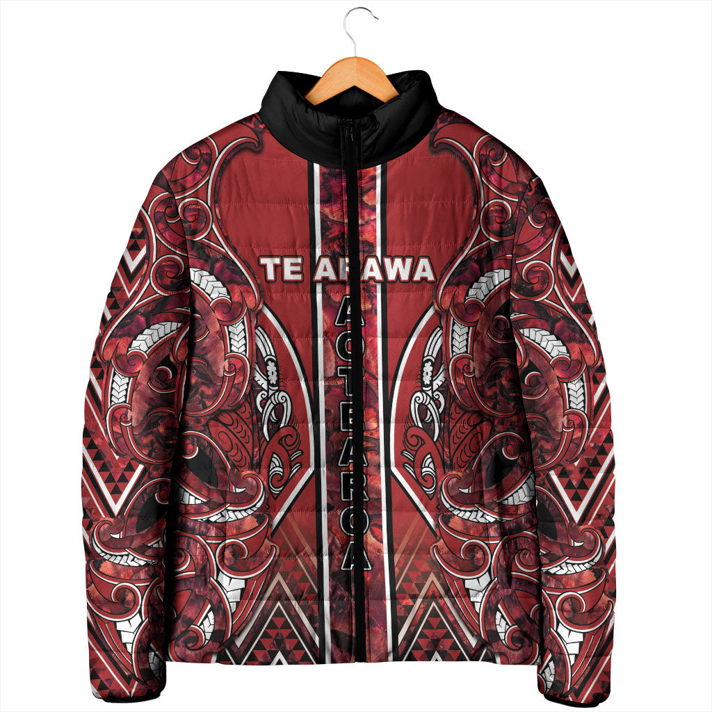 Aotearoa Te Arawa Padded Jacket Maori Tribal Dark Red Paua Shell Pattern