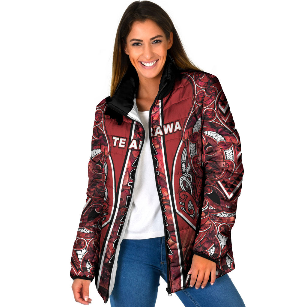 Aotearoa Te Arawa Padded Jacket Maori Tribal Dark Red Paua Shell Pattern
