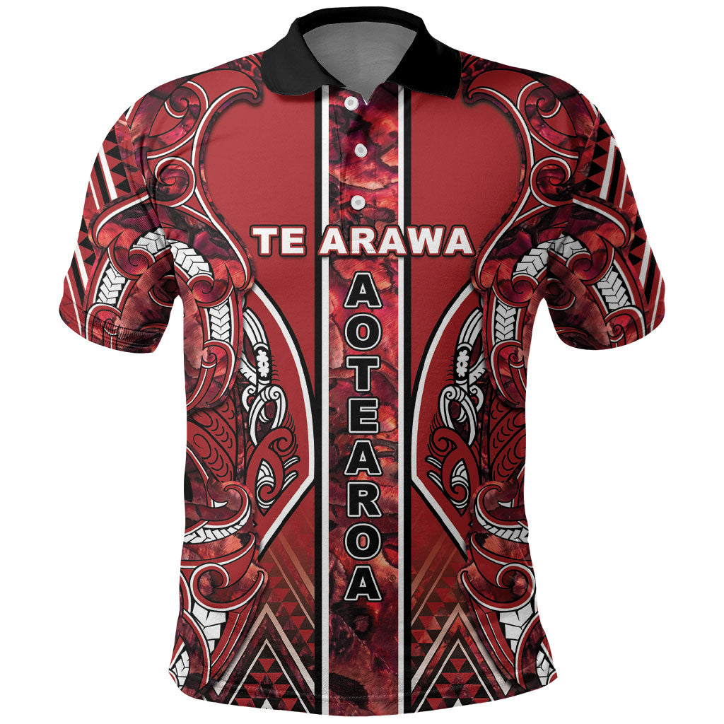 Aotearoa Te Arawa Polo Shirt Maori Tribal Dark Red Paua Shell Pattern