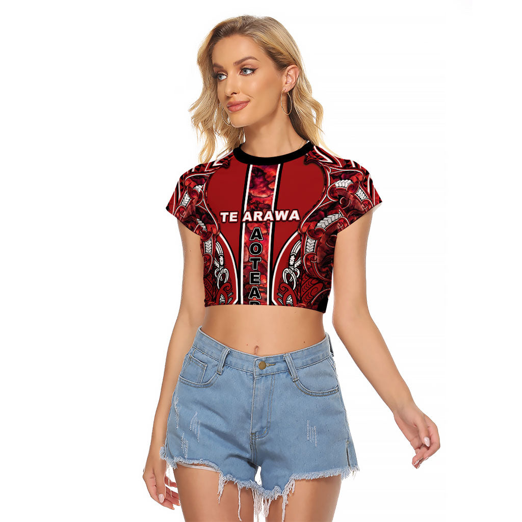 Aotearoa Te Arawa Raglan Cropped T Shirt Maori Tribal Dark Red Paua Shell Pattern