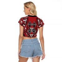 Aotearoa Te Arawa Raglan Cropped T Shirt Maori Tribal Dark Red Paua Shell Pattern