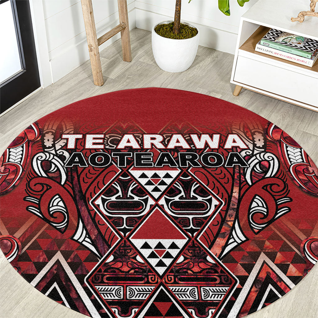 Aotearoa Te Arawa Round Carpet Maori Tribal Dark Red Paua Shell Pattern