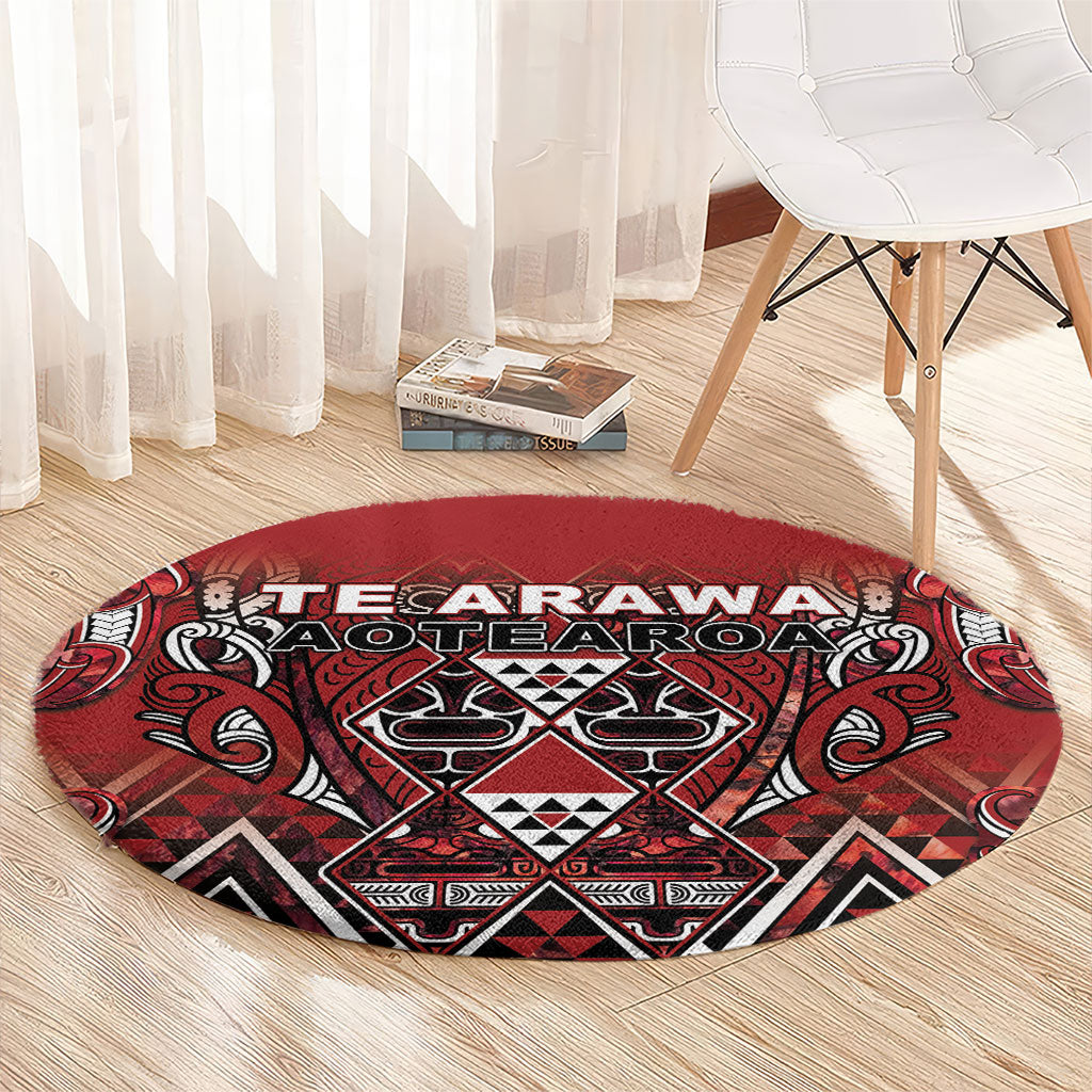 Aotearoa Te Arawa Round Carpet Maori Tribal Dark Red Paua Shell Pattern