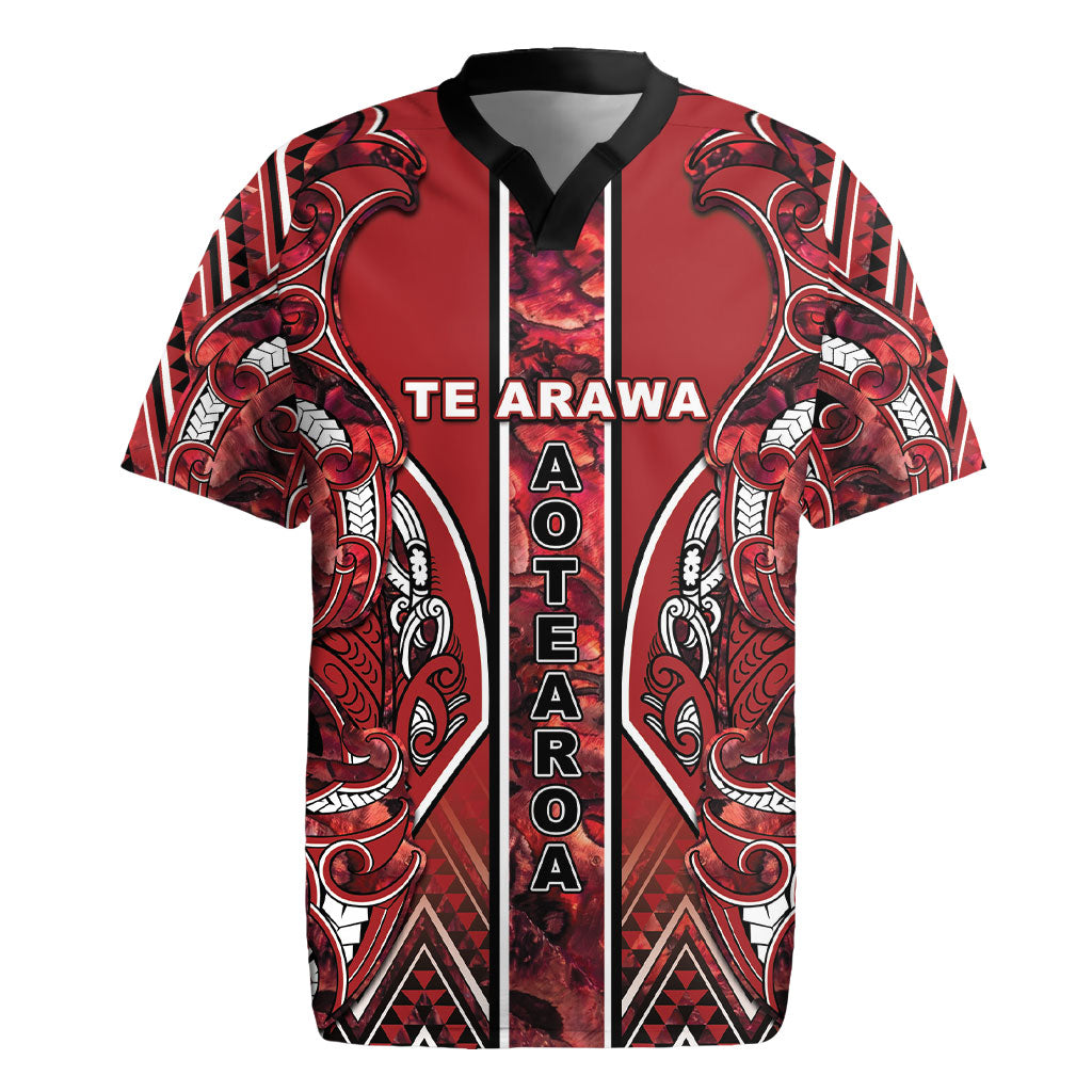 Aotearoa Te Arawa Rugby Jersey Maori Tribal Dark Red Paua Shell Pattern DT05 Red - Polynesian Pride