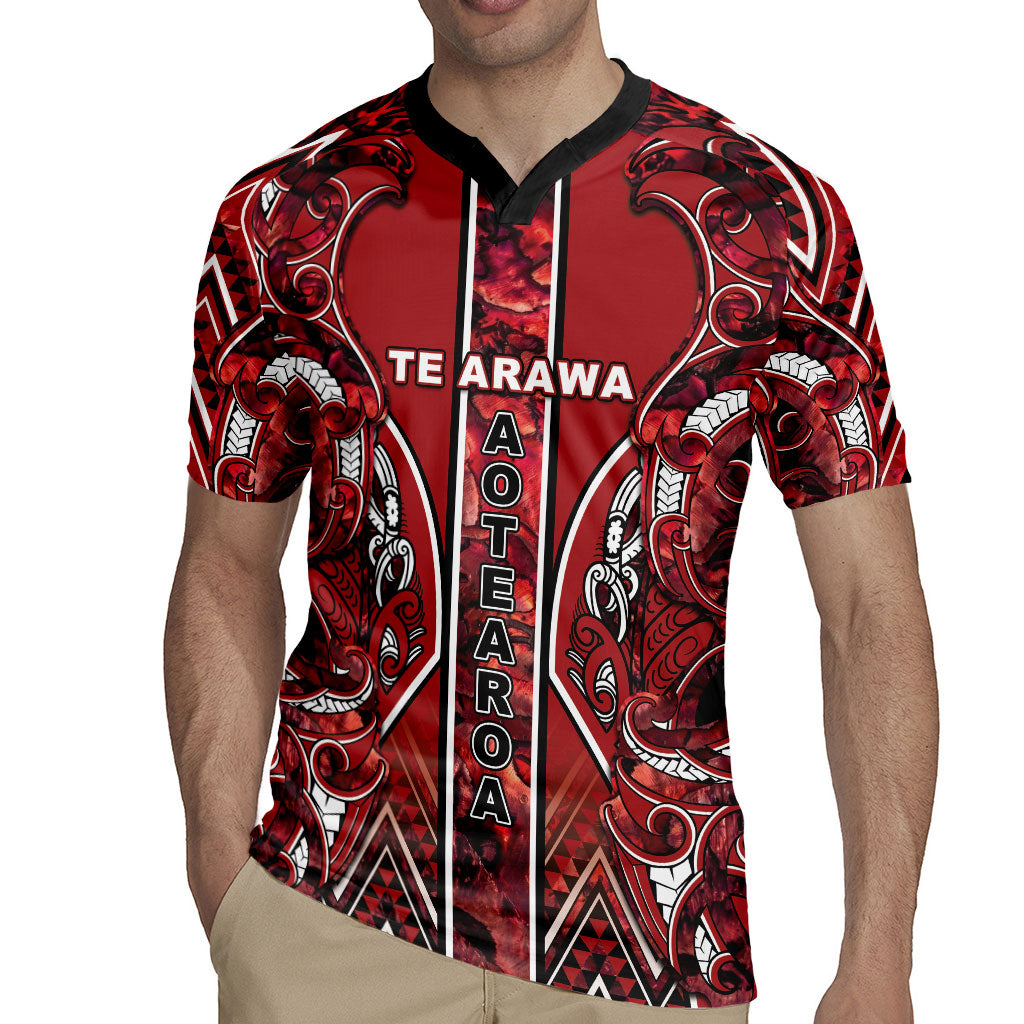 Aotearoa Te Arawa Rugby Jersey Maori Tribal Dark Red Paua Shell Pattern