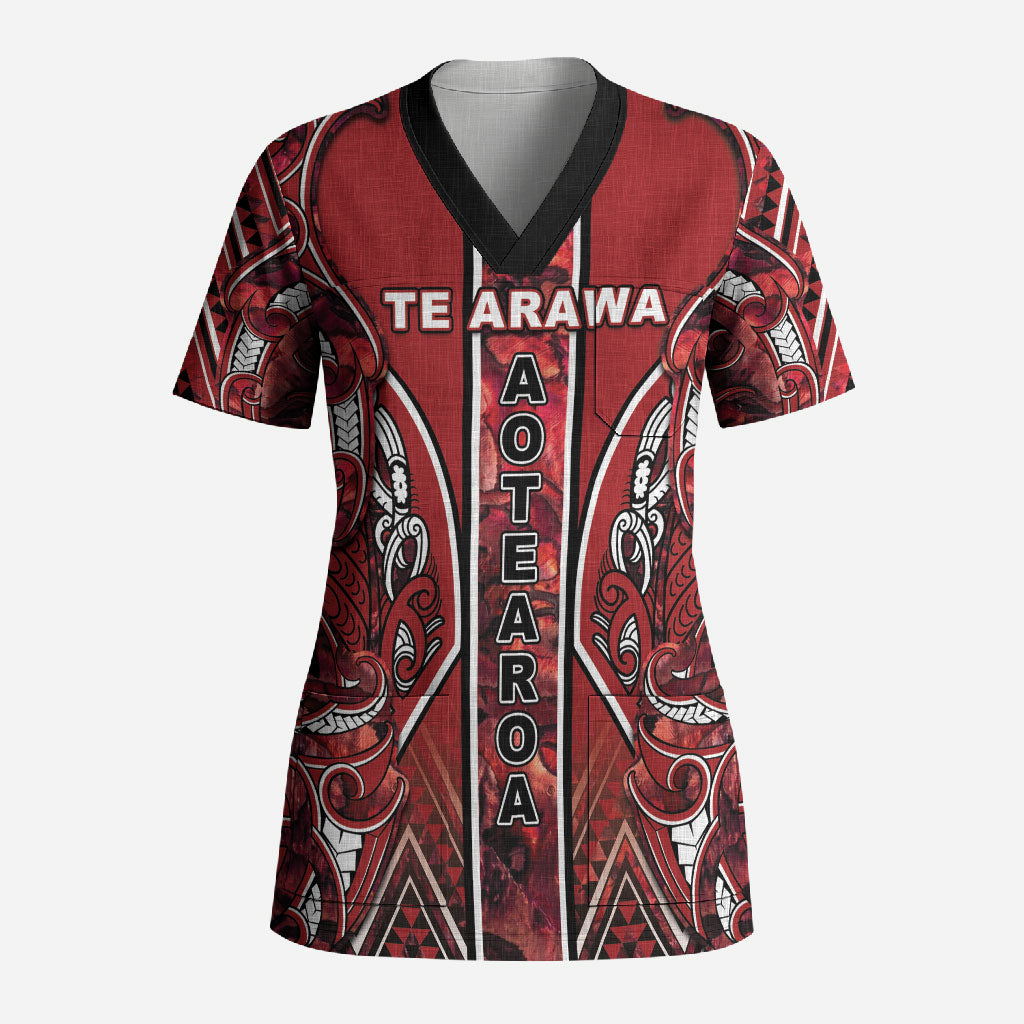 Aotearoa Te Arawa Scrub Top Maori Tribal Dark Red Paua Shell Pattern DT05 Adult Red - Polynesian Pride