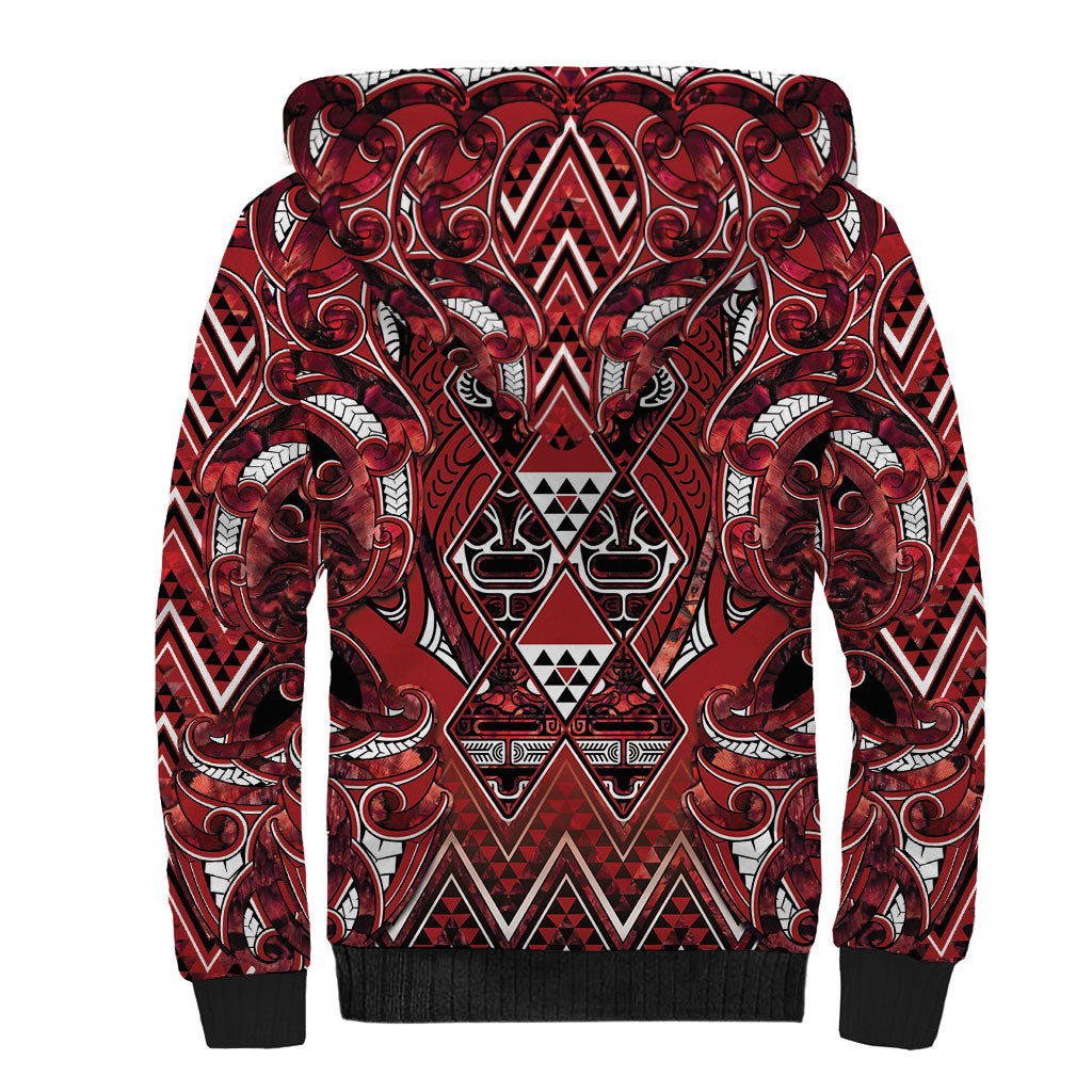 Aotearoa Te Arawa Sherpa Hoodie Maori Tribal Dark Red Paua Shell Pattern