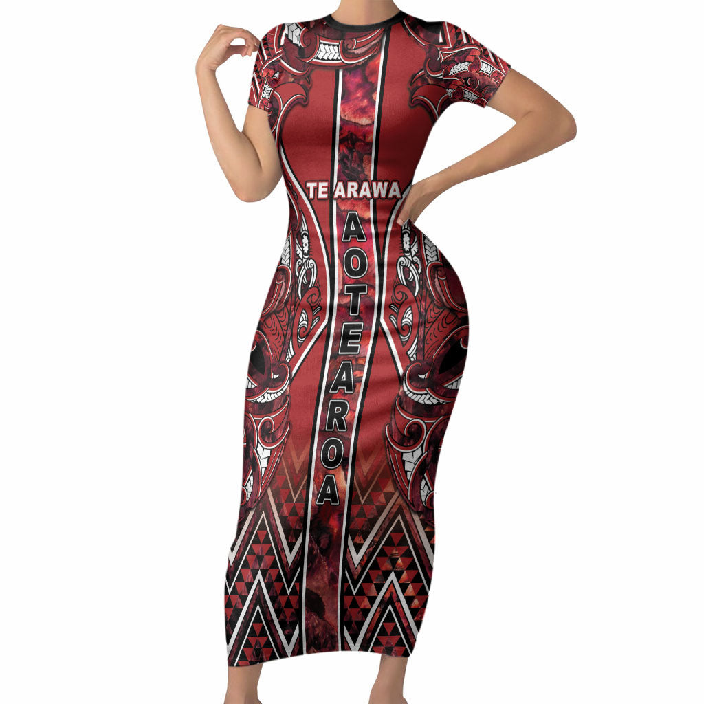 Aotearoa Te Arawa Short Sleeve Bodycon Dress Maori Tribal Dark Red Paua Shell Pattern DT05 Long Dress Red - Polynesian Pride