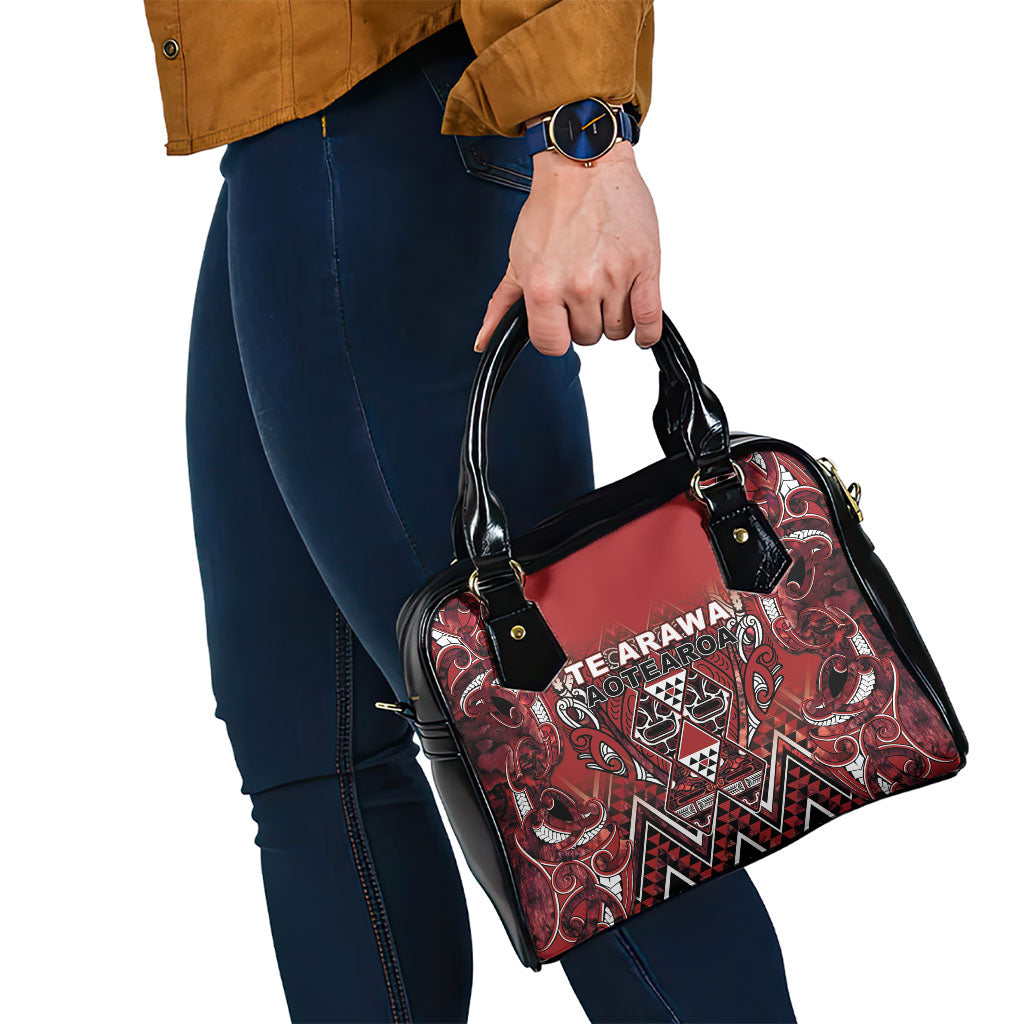 Aotearoa Te Arawa Shoulder Handbag Maori Tribal Dark Red Paua Shell Pattern