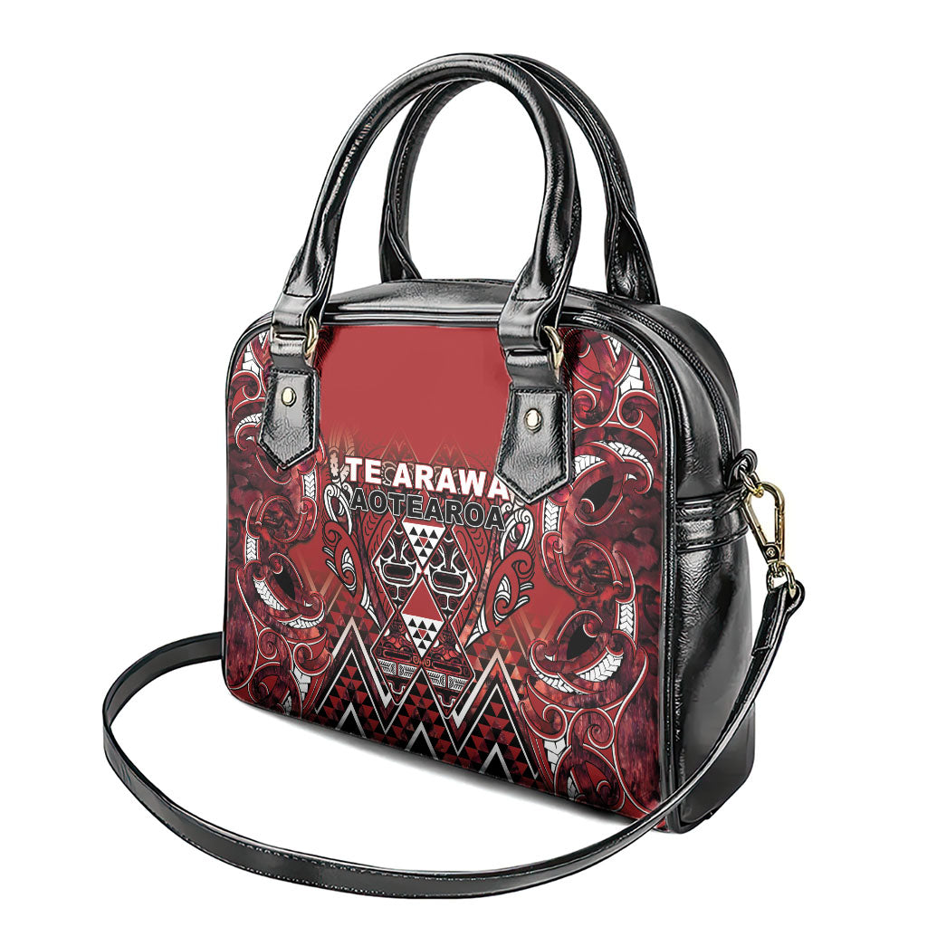 Aotearoa Te Arawa Shoulder Handbag Maori Tribal Dark Red Paua Shell Pattern