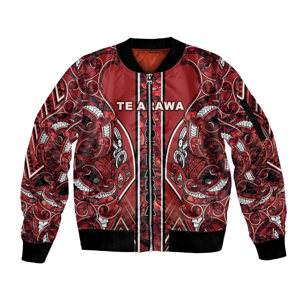 Aotearoa Te Arawa Sleeve Zip Bomber Jacket Maori Tribal Dark Red Paua Shell Pattern DT05 Unisex Red - Polynesian Pride