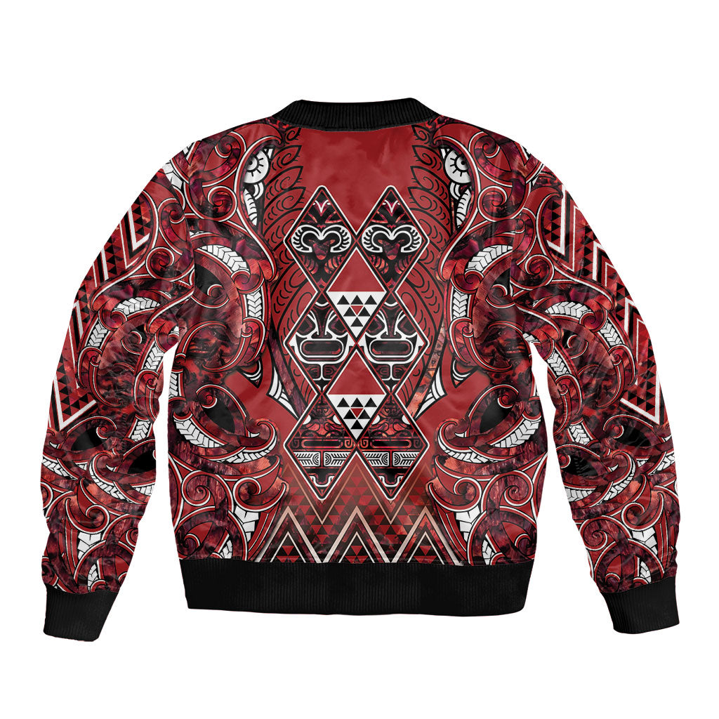 Aotearoa Te Arawa Sleeve Zip Bomber Jacket Maori Tribal Dark Red Paua Shell Pattern