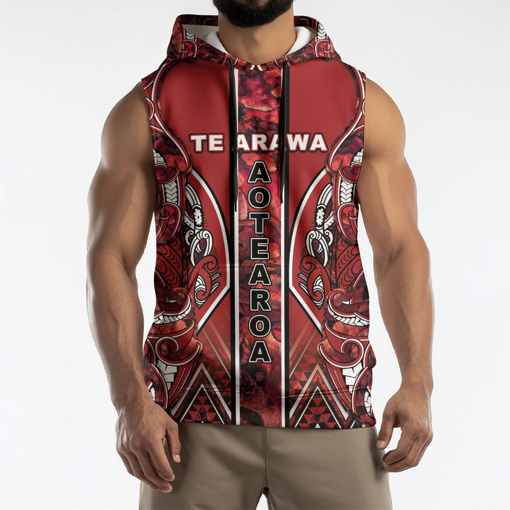 Aotearoa Te Arawa Sleeveless Hoodie Maori Tribal Dark Red Paua Shell Pattern