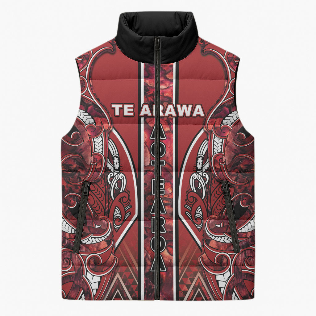 Aotearoa Te Arawa Sleeveless Puffer Jacket Maori Tribal Dark Red Paua Shell Pattern