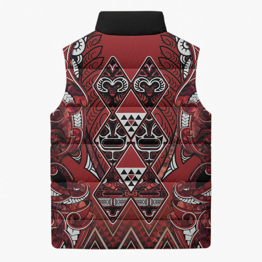 Aotearoa Te Arawa Sleeveless Puffer Jacket Maori Tribal Dark Red Paua Shell Pattern
