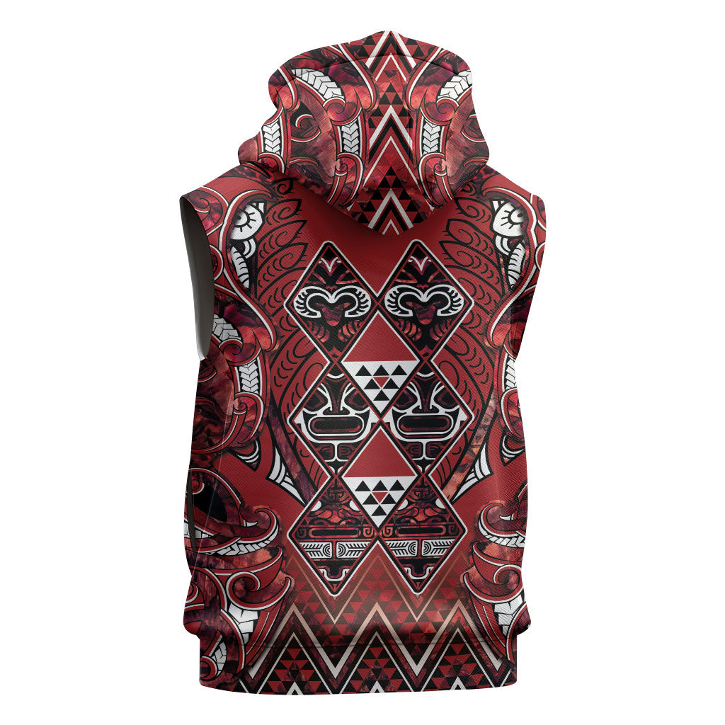Aotearoa Te Arawa Sleeveless Zip Hoodie Maori Tribal Dark Red Paua Shell Pattern