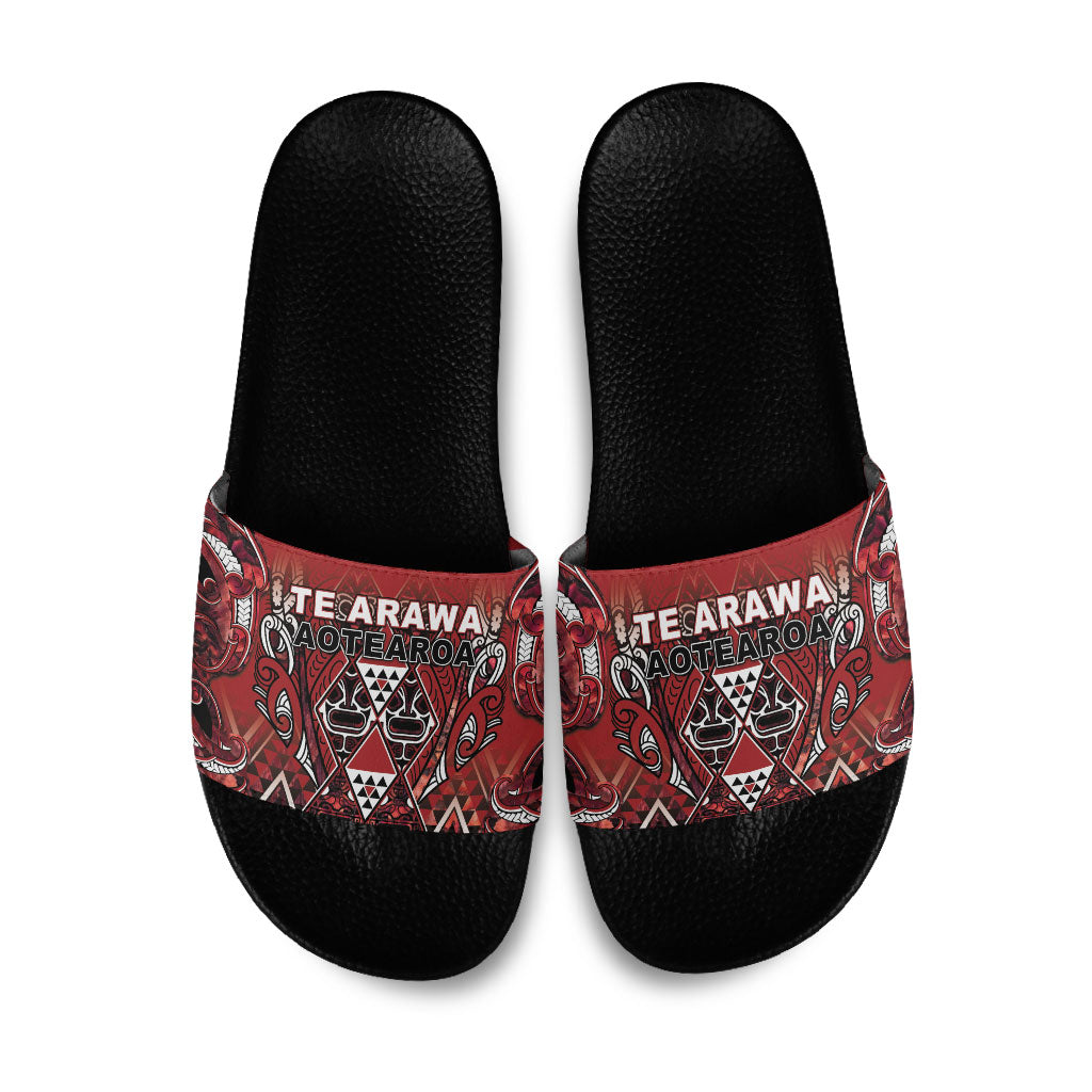 Aotearoa Te Arawa Slide Sandals Maori Tribal Dark Red Paua Shell Pattern