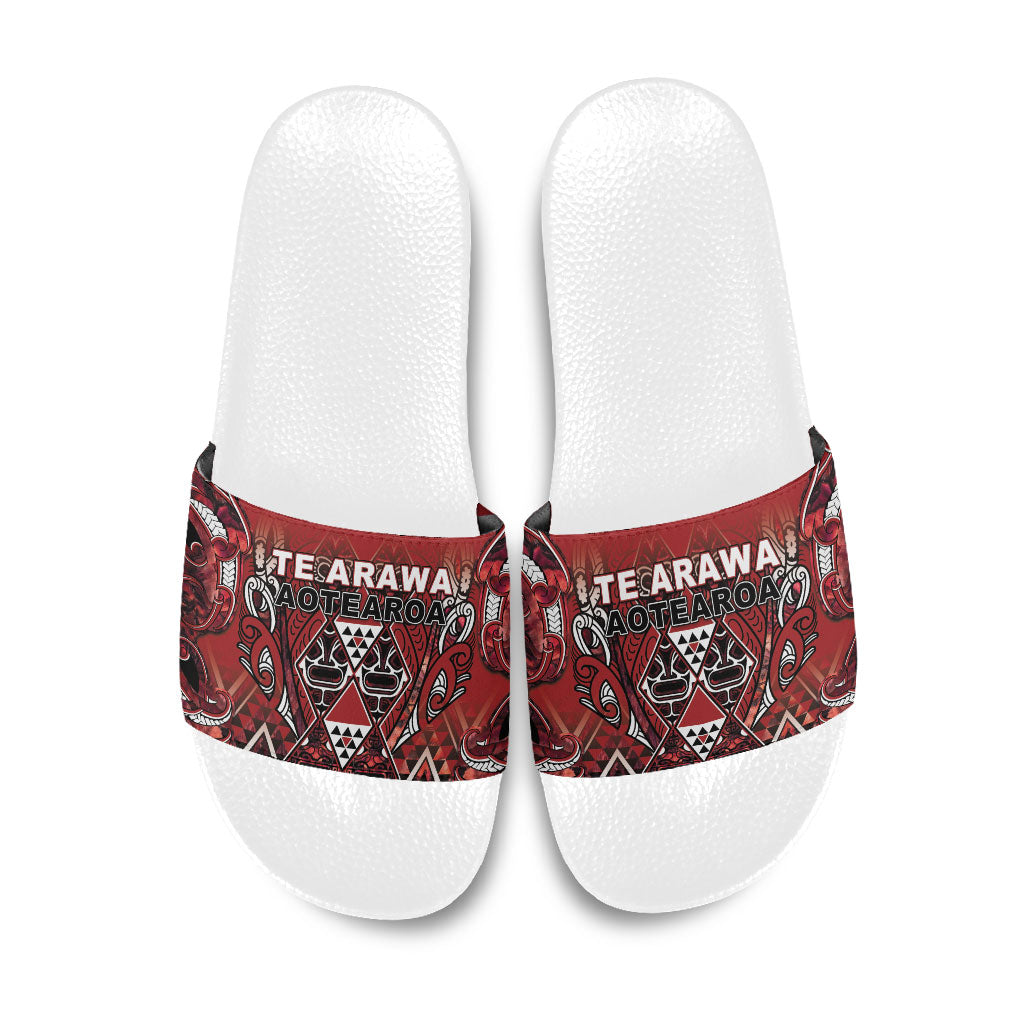 Aotearoa Te Arawa Slide Sandals Maori Tribal Dark Red Paua Shell Pattern