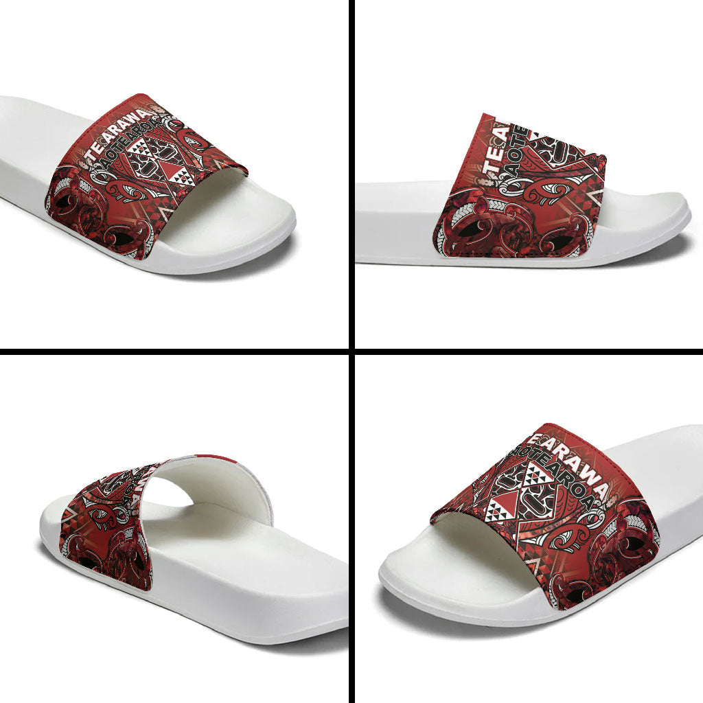 Aotearoa Te Arawa Slide Sandals Maori Tribal Dark Red Paua Shell Pattern