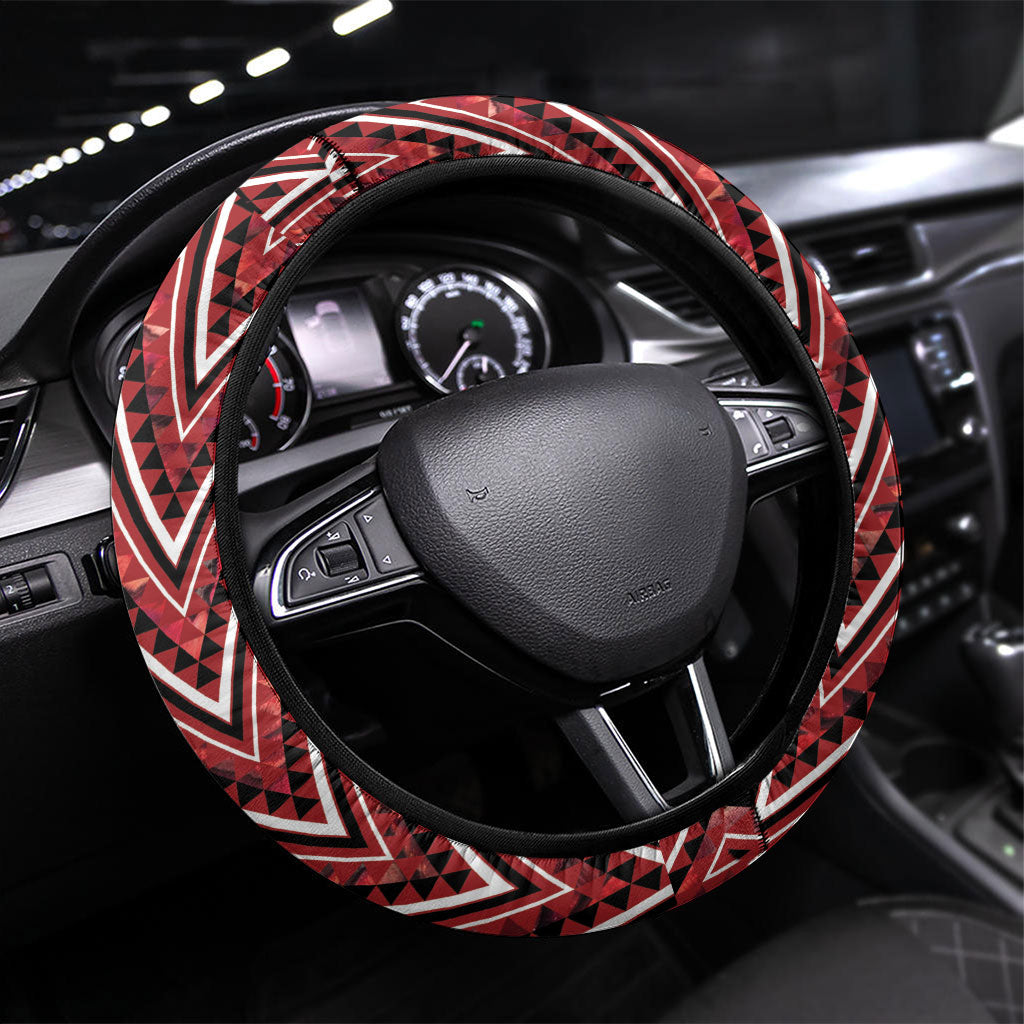 Aotearoa Te Arawa Steering Wheel Cover Maori Tribal Dark Red Paua Shell Pattern DT05 Universal Fit Red - Polynesian Pride