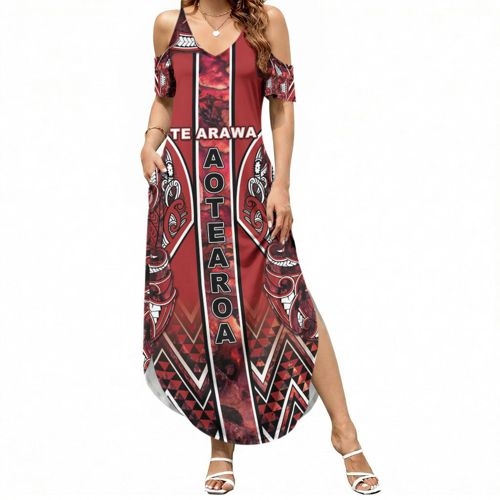 Aotearoa Te Arawa Summer Maxi Dress Maori Tribal Dark Red Paua Shell Pattern DT05 Women Red - Polynesian Pride