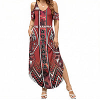 Aotearoa Te Arawa Summer Maxi Dress Maori Tribal Dark Red Paua Shell Pattern