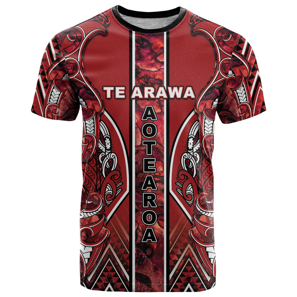 Aotearoa Te Arawa T Shirt Maori Tribal Dark Red Paua Shell Pattern