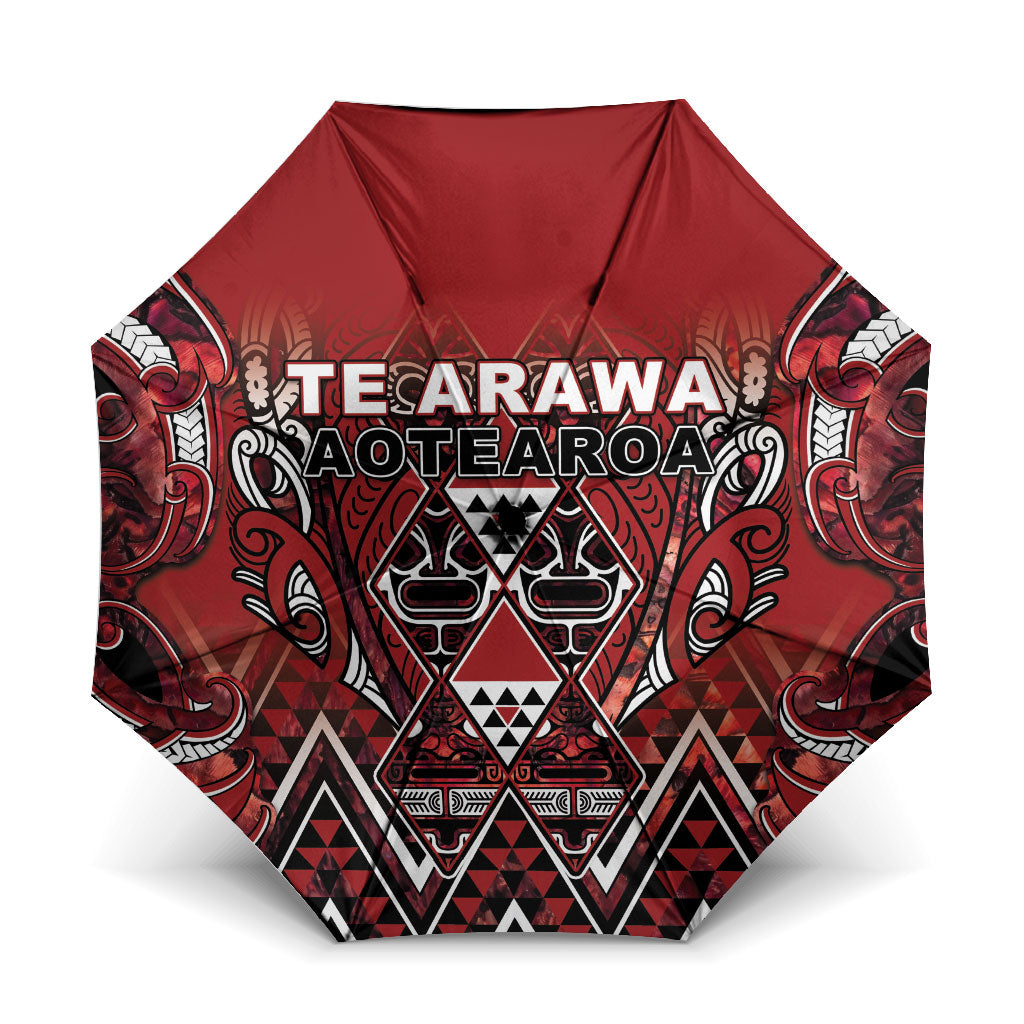 Aotearoa Te Arawa Umbrella Maori Tribal Dark Red Paua Shell Pattern