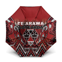 Aotearoa Te Arawa Umbrella Maori Tribal Dark Red Paua Shell Pattern