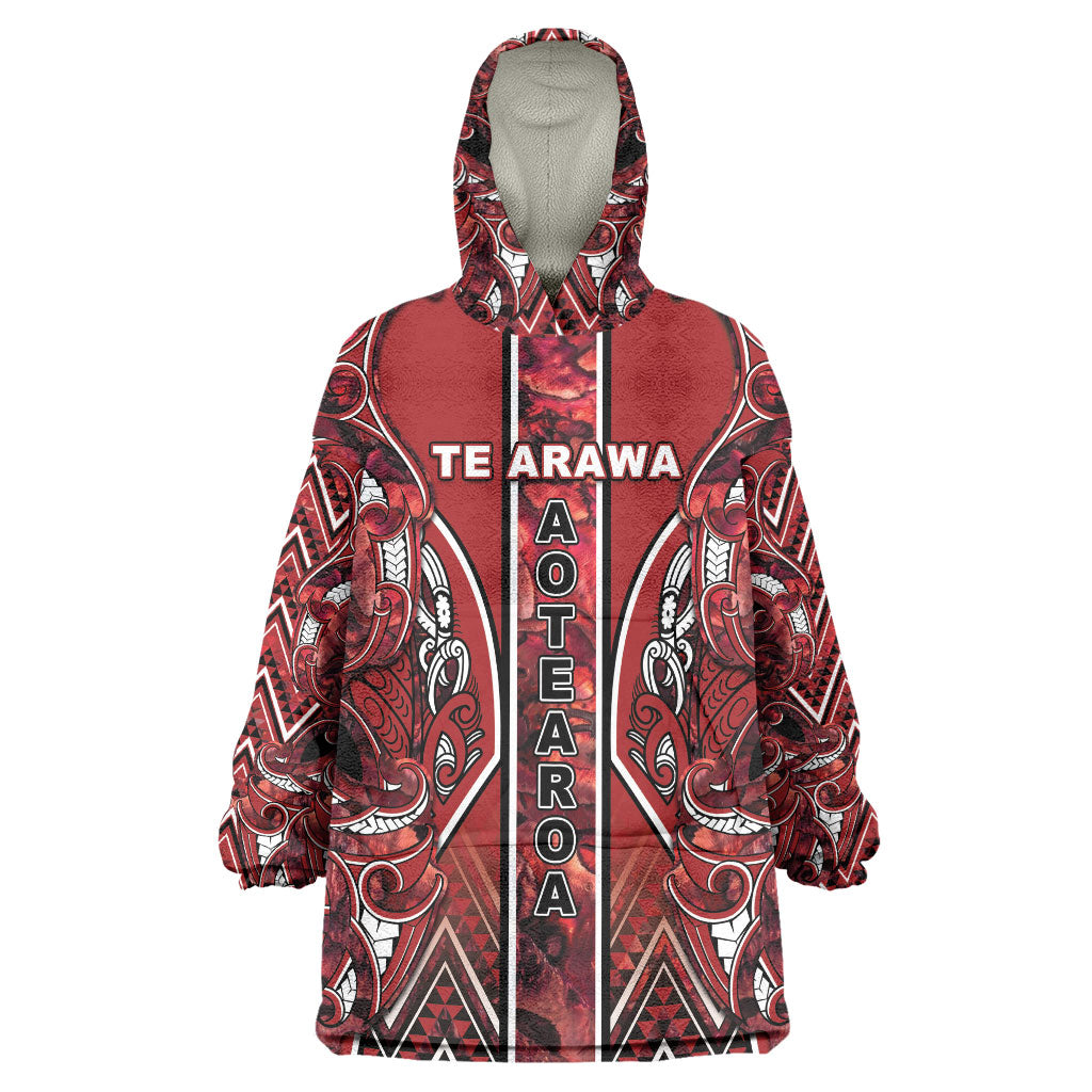 Aotearoa Te Arawa Wearable Blanket Hoodie Maori Tribal Dark Red Paua Shell Pattern DT05 One Size Red - Polynesian Pride